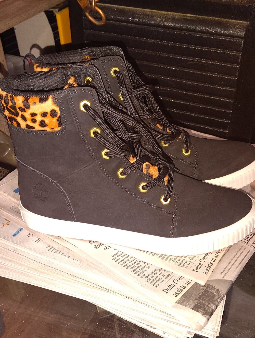 Timberland Women's Black High-Top Sneakers with Leopard Trim